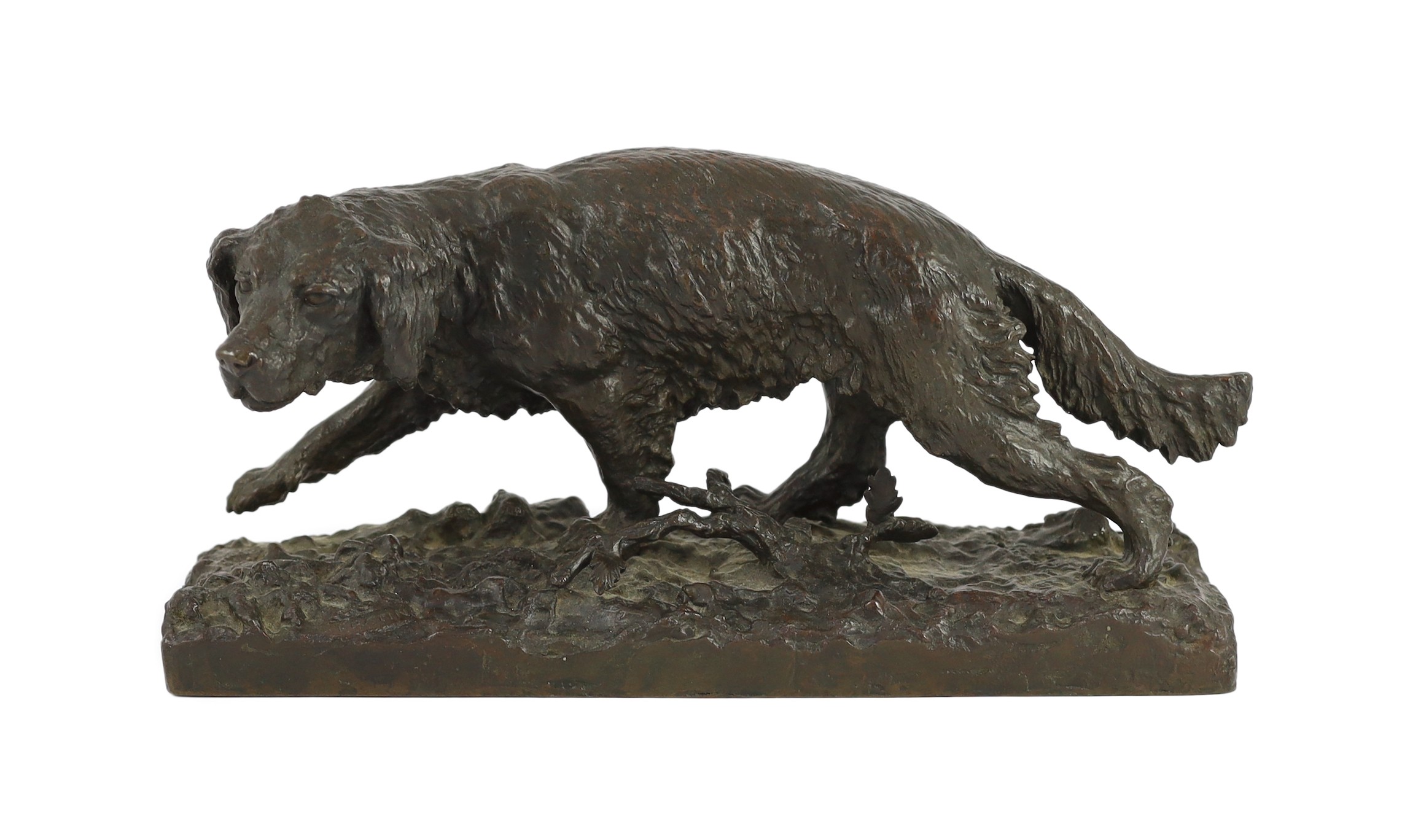 After Christopher Fratin (1801-1864). An Animalier bronze figure of a retriever, 19cm high 41cm long